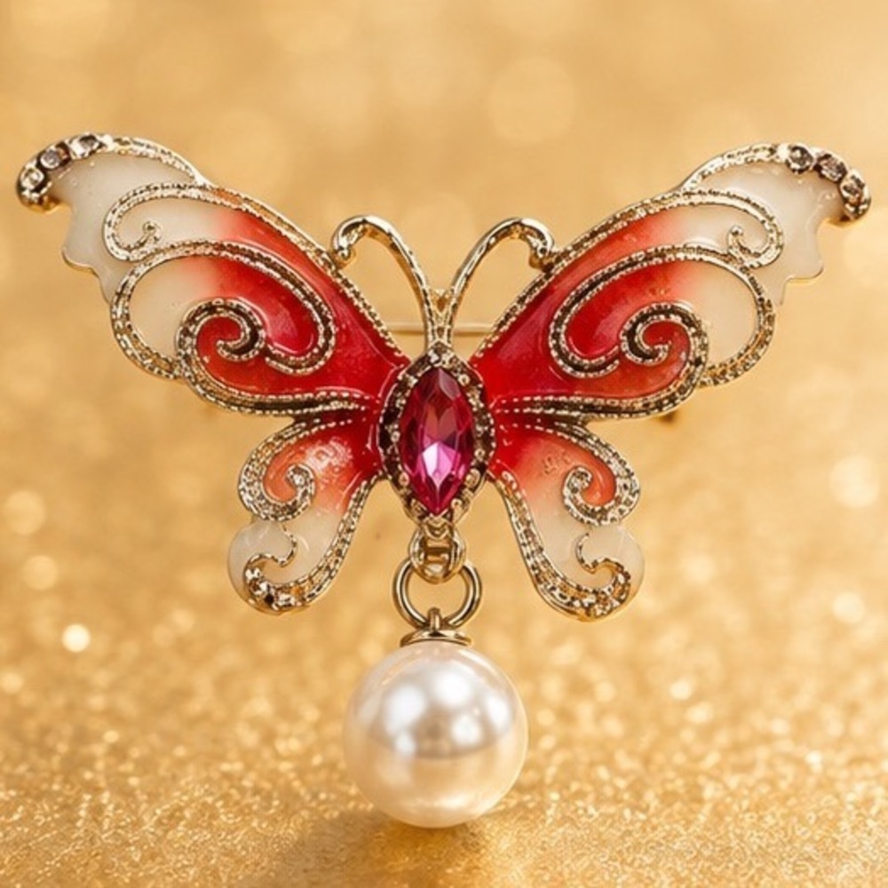 Enamel Butterfly Brooch Gold Tone Filigree Red Crystal Dangle Pearlescent Pin